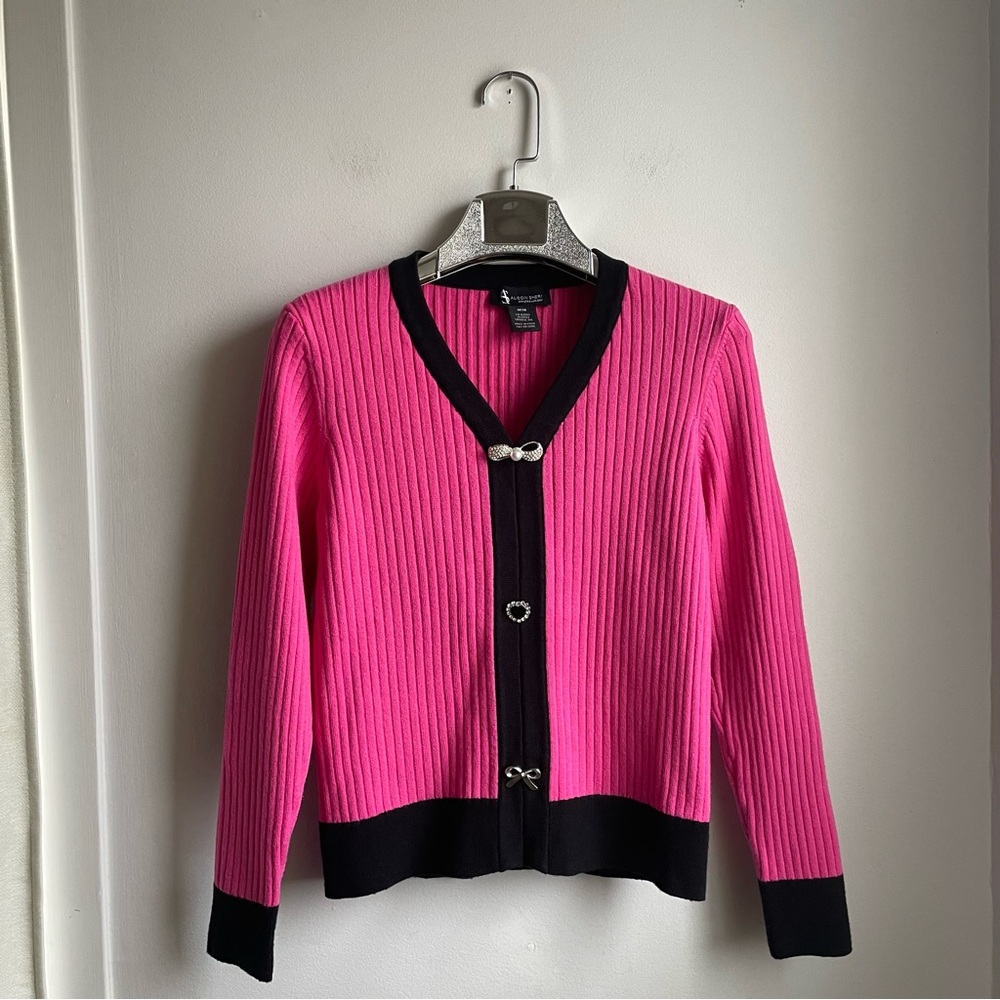 Pink and Black knit/cardigan with Unique Bow and Heart Buttons-size M